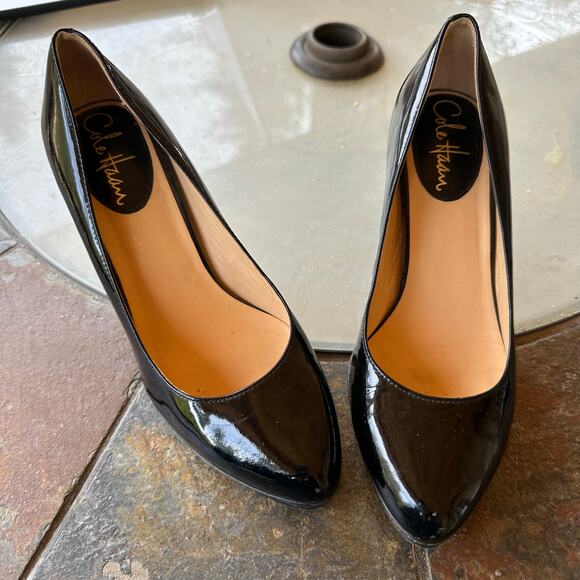 Cole Haan x NikeAir Patent Leather Heels 6B Shiny Black Comfy Pumps Coquette - Picture 1 of 11